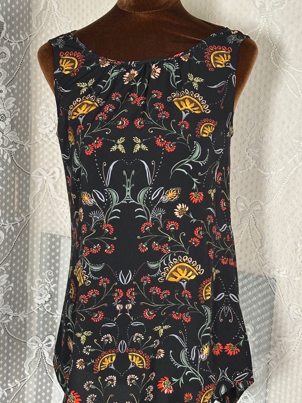 CAbi Black Floral Scoop Neck Tank with Yellow & Red Accents